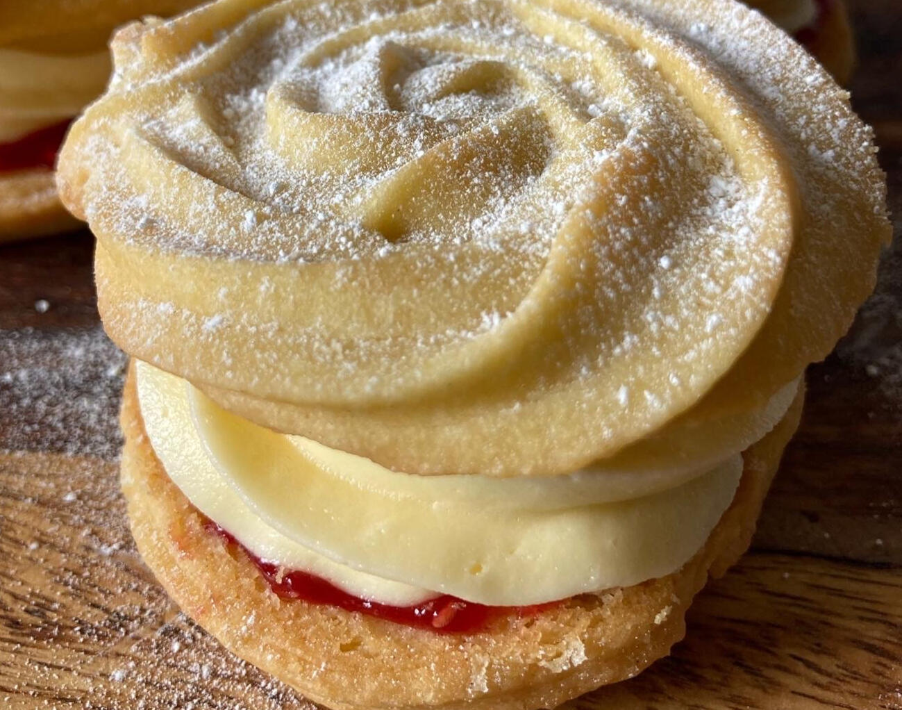 a close up shot of a homemade viennese whirl